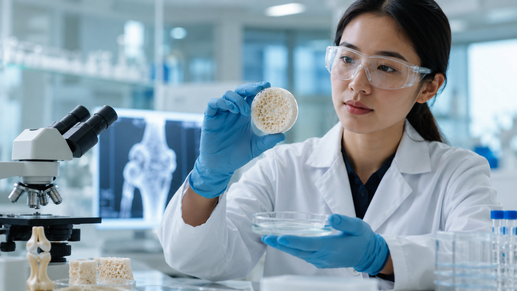 Peneliti memeriksa sampel scaffold biomaterial di laboratorium